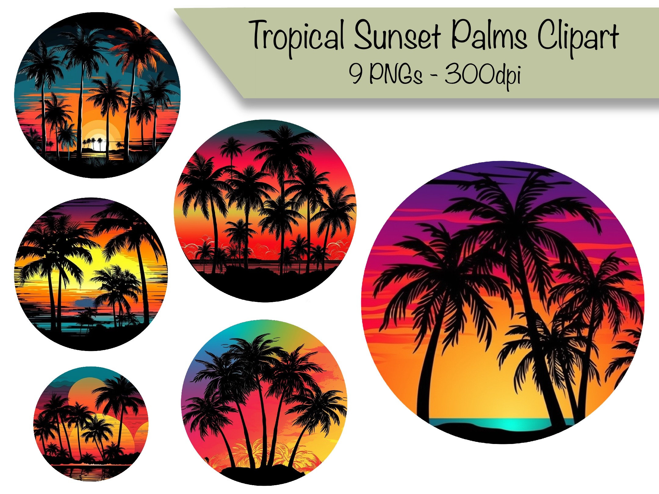 9 Tropical Sunset Palm Tree Clipart, Cardmaking, Scrapbooking, Planners