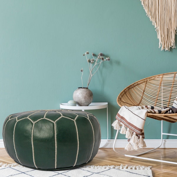 Pouf marocain en cuir avec rangement, repose-pieds vert, décoration d'intérieur unique pour salon, chambre à coucher, chambre d'enfants - Cadeaux uniques (vert foncé)