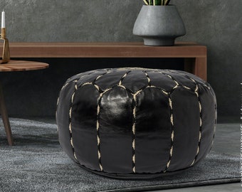 Moroccan Pouf Ottoman Hand Stitching - 100% Genuine Leather Pouf Black Gold - Bohemian Living Room, Bedroom, Dorm, Kids Room (Black & Gold)