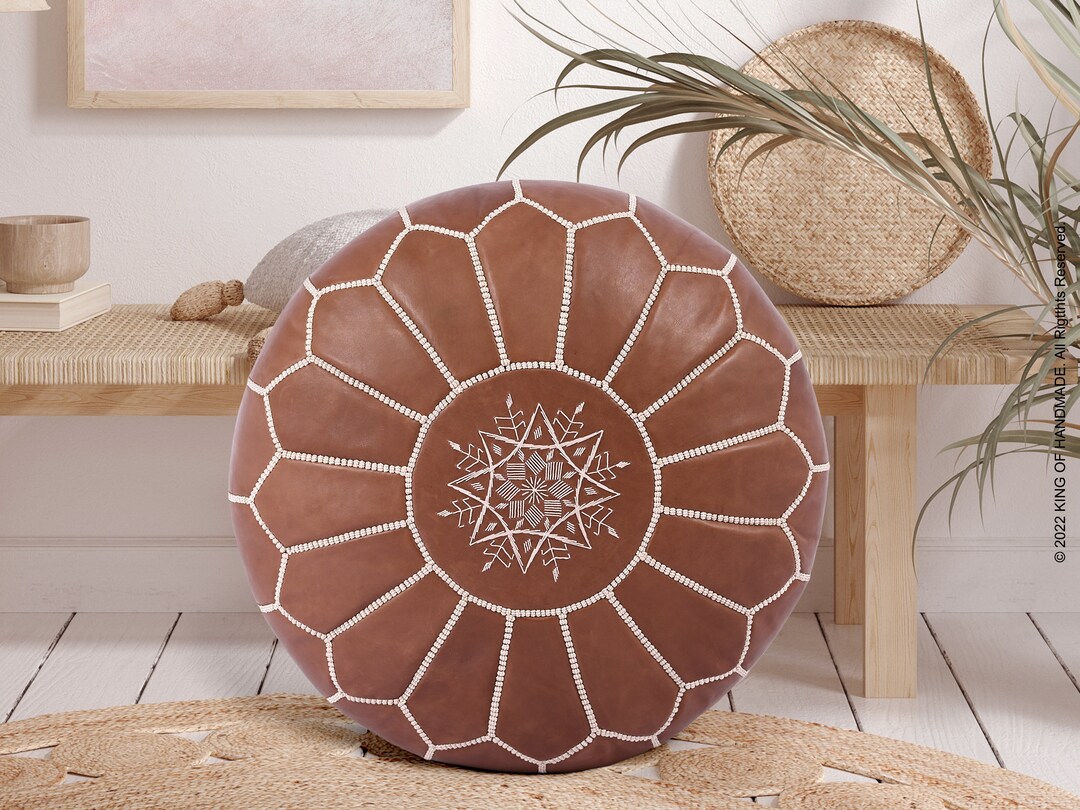 STUFFED Moroccan Pouf Home Boho Decor Round Handmade Leather Dark Green