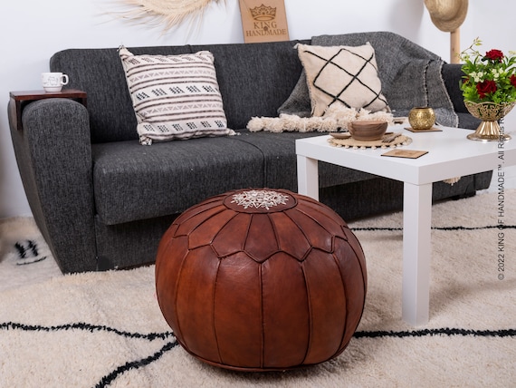 Handcrafted Natural Leather Round Pouf - Dark Brown Leather