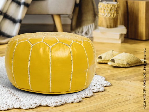 STUFFED Pouf , Home Boho Decor, Round Handmade Leather, Yellow Pouf Ottoman,  Footstool, Floor Cushion, Moroccan Ottoman New Home Gift Yellow 