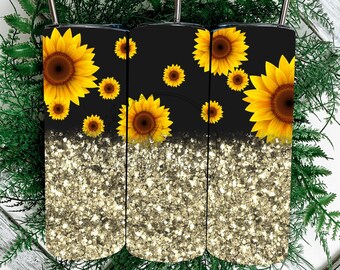 Sunflowers Tumbler Designs, Glitter Leopard 20oz Skinny Tumbler Wrap, Seamless Glitter Tumbler Template - PNG Digital Download