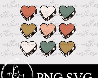 Puede incluir: Nueve imágenes digitales de clipart en forma de corazón en varios colores, incluidos rojo, naranja, marrón, verde y blanco. Cada corazón tiene un borde con patrón en blanco y negro.