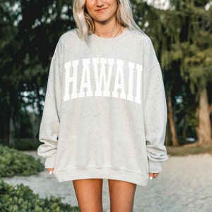 May include: A gray sweatshirt with the word "HAWAII" printed in white on the front.