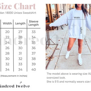 Pode incluir: Tabela de tamanhos para uma camisola unisex Gildan 18000, mostrando as medidas em polegadas para a largura, o comprimento e o comprimento da manga para os tamanhos S a 5XL. A tabela inclui uma foto de uma modelo usando uma camisola tamanho XL.