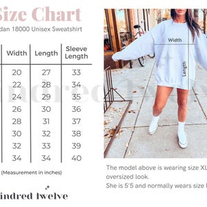 May include: Size chart for a Gildan 18000 unisex sweatshirt, showing measurements in inches for width, length, and sleeve length for sizes S through 5XL. The chart includes a photo of a model wearing a size XL sweatshirt.