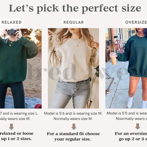 Może przedstawiać: Przewodnik po wyborze odpowiedniego rozmiaru bluzy. Trzy modelki prezentują tę samą bluzę w r&oacute;żnych rozmiarach: luźny, standardowy i oversize. Tekst wyjaśnia, że luźny kr&oacute;j jest o jeden lub dwa rozmiary większy od standardowego rozmiaru modelki, standardowy kr&oacute;j to standardowy rozmiar modelki, a oversize jest o dwa lub trzy rozmiary większy od standardowego rozmiaru modelki.