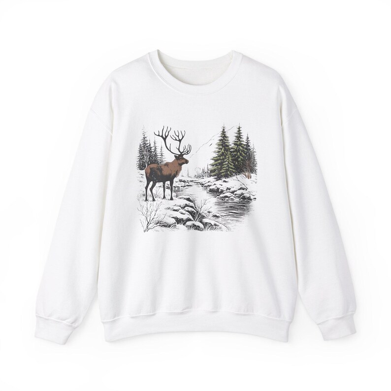 Vintage Style Wildlife Sweatshirt Retro Deer Wilderness Sweater National Park Crewneck Forest Animals Fall Winter Sweatshirt Pine Tree Shirt image 6