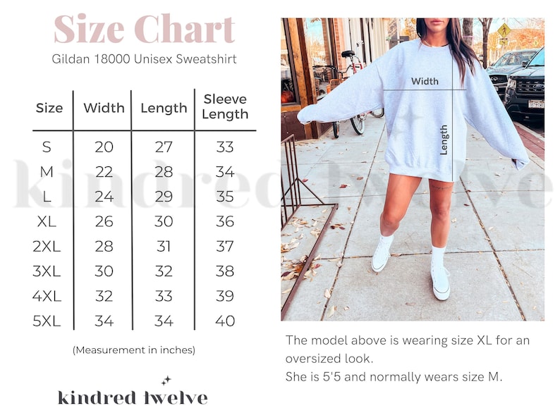 May include: Size chart for a Gildan 18000 Unisex Sweatshirt, showing measurements in inches for width, length, and sleeve length for sizes S through 5XL. The chart includes a photo of a model wearing a size XL sweatshirt.