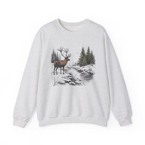 Vintage Style Wildlife Sweatshirt Retro Deer Wilderness Sweater National Park Crewneck Forest Animals Fall Winter Sweatshirt Pine Tree Shirt image 5