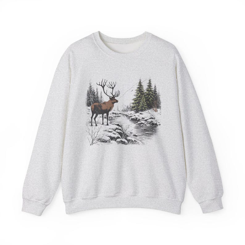 Vintage Style Wildlife Sweatshirt Retro Deer Wilderness Sweater National Park Crewneck Forest Animals Fall Winter Sweatshirt Pine Tree Shirt image 5