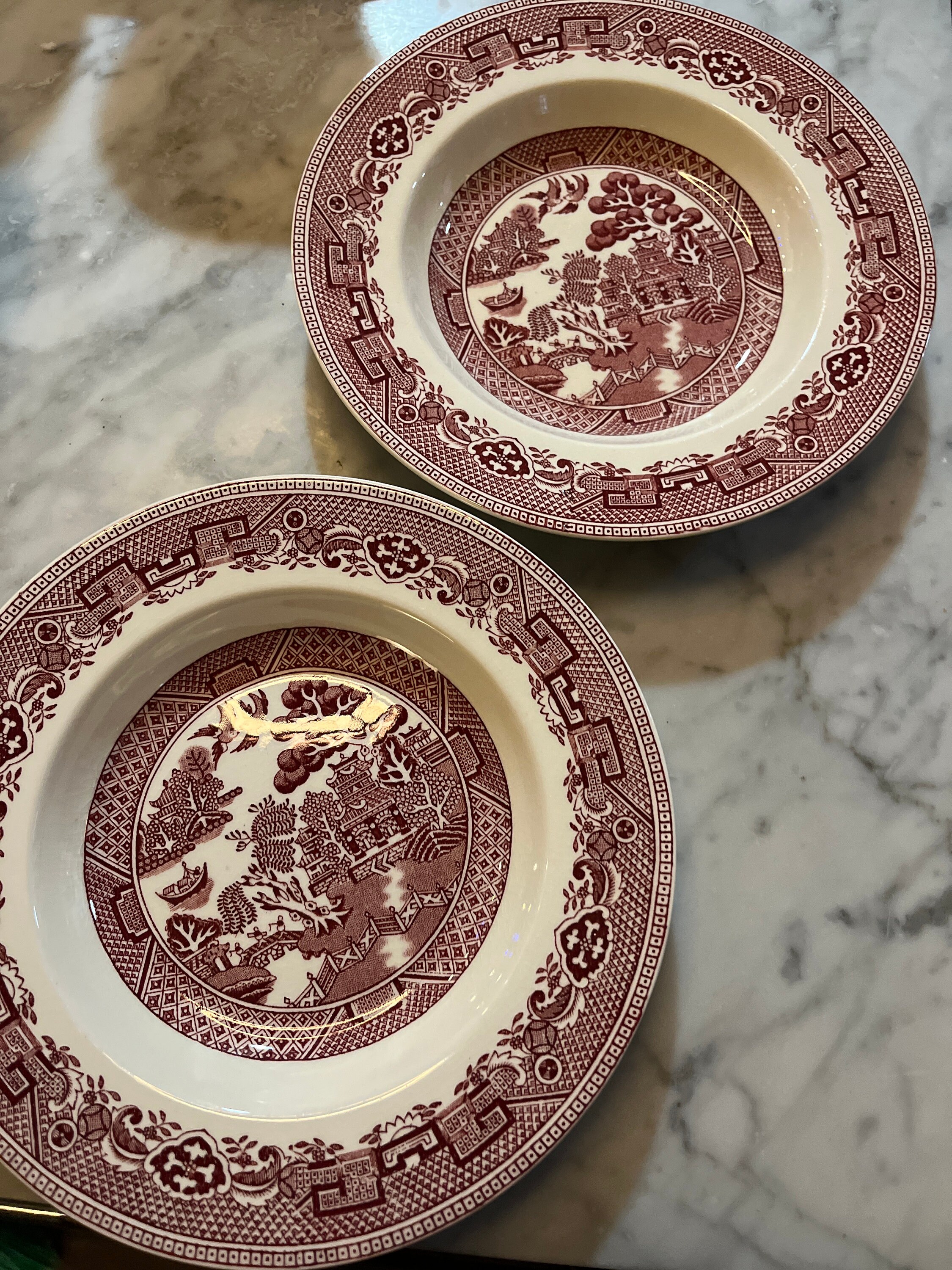 Alfred Meakin Old Willow Pink Rim Soup Bowls Great Color