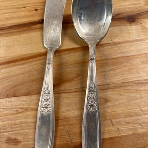 Vintage 1847 Rogers Bros &quot;Ambassador&quot; Silver Plated Butter Knife & Sugar Spoon. Great for showers, luncheons, your holiday table.   Set of 2