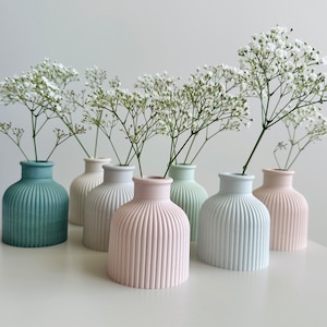 May include: A set of six small, decorative vases in various pastel colors, each with a ribbed texture. The vases are filled with white baby's breath flowers.