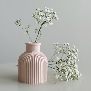 May include: A pink ceramic vase with vertical ridges, holding a bouquet of white baby's breath flowers.