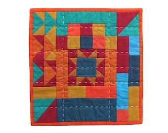Handmade Patchwork Mug Rug: Colorful Upcycled Fabric Placemat