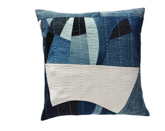 Handmade Denim Patchwork Pillow Cover: Upcycled Quilted Throw Pillow