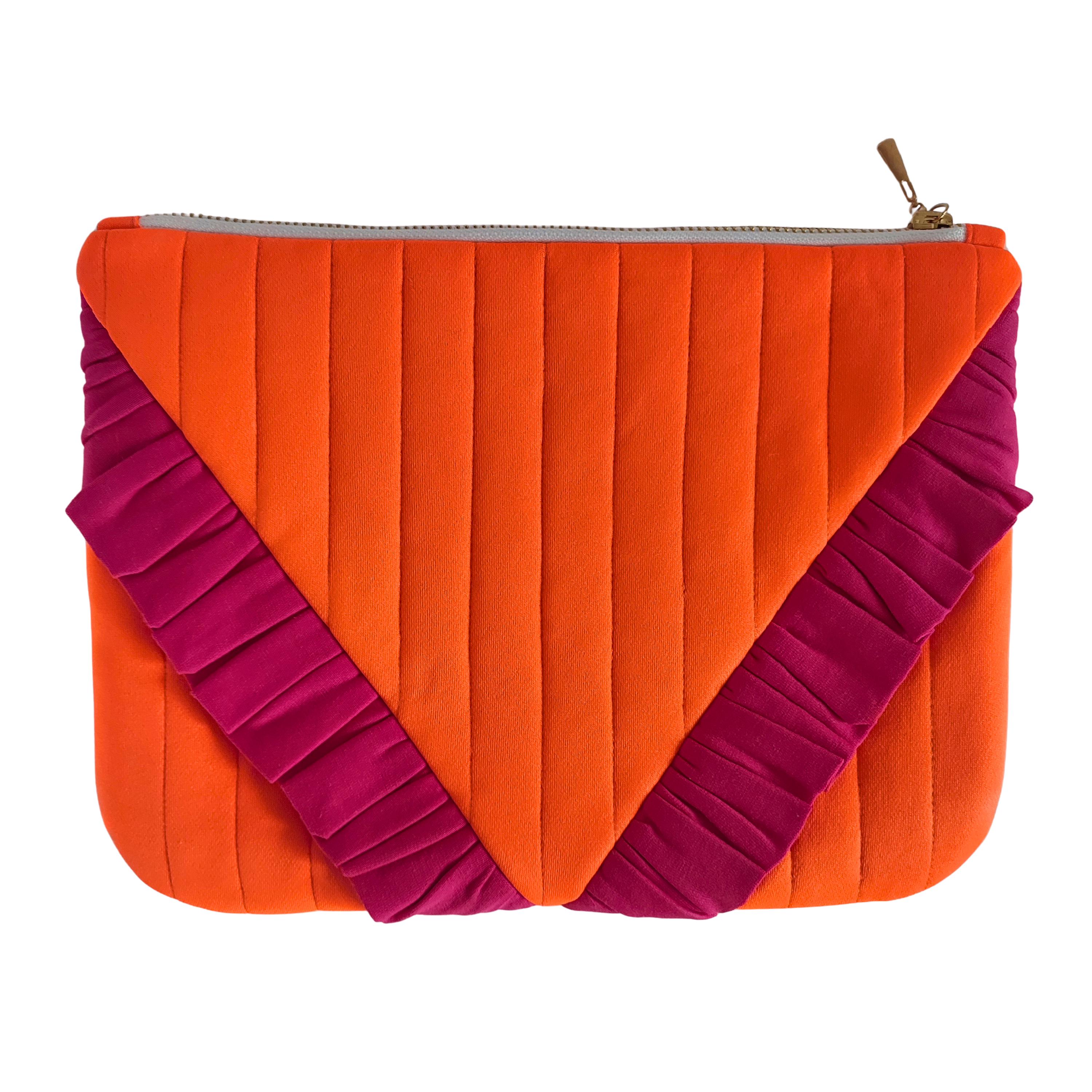 Neon Orange Ruffle Pouch, Fuchsia Frill Quilted Clutch, Upcycled 