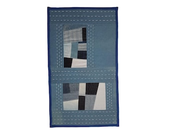 Quilted Wall Hanging, Upcycled Denim Patchwork Textile Wall Art, Medium Handmade Modern Quilt, Hand-Quilted