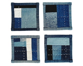 Upcycled hand-quilted coasters, set of 4 patchwork mug rugs, reused denim, zero waste handmade blue drink coasters, small home-warming gift