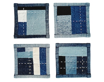 Upcycled Denim Coasters: Set of 4 Hand-Quilted Patchwork Mug Rugs