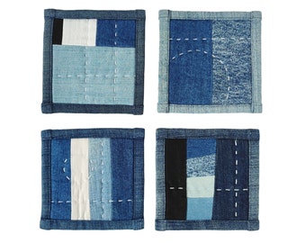 Modern denim coasters, set of 4 patchwork drink coasters, upcycled jeans, zero waste handmade blue coasters, small home-warming gift