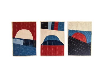 Denim Quilt Wall Hanging Set, Patchwork Textile Art, Modern Upcycled Quilt Trio, Hand-Quilted