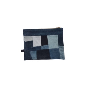 Patchwork denim pouch, recycled denim, sustainable gift, denim zipper pouch, recycled jeans bag, cosmetics bag, handmade pouch