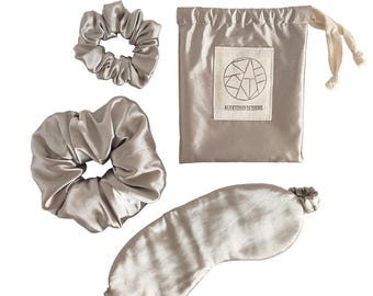 Handmade Satin Sleep Mask & Scrunchies Set: Upcycled Fabrics, Travel Gift
