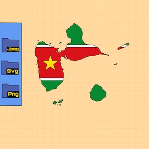 Puede incluir: Un mapa de Guadalupe, coloreado en rojo, verde y amarillo, con una estrella en el centro. El mapa está sobre un fondo de cuadrícula beige, con tres iconos de carpeta azules etiquetados JPEG, SVG y PNG a la izquierda.