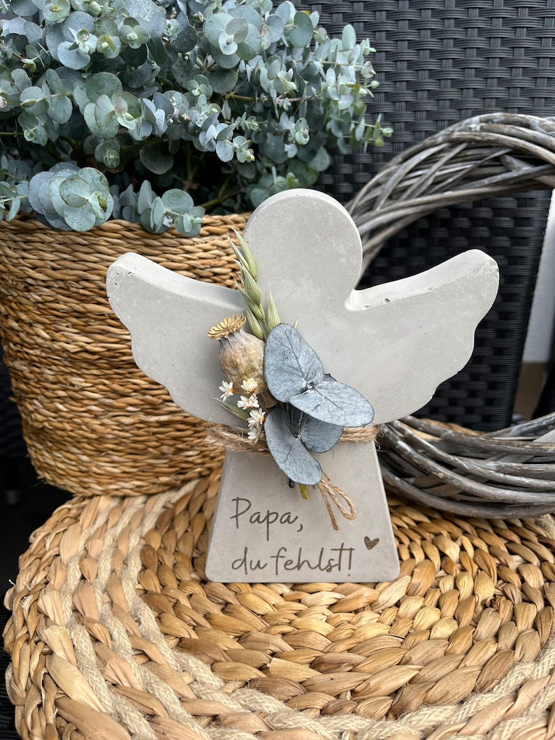 Memorial angel made of concrete with engraving Concrete angel personalized grave decoration image 1