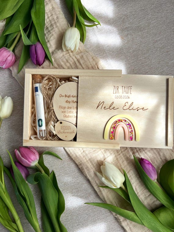 Personalisiertes Taufgeschenk Holzbox mit Gravur | Geldgeschenk zur Taufe | Erinnerungskiste Regenbogen mit Name & Datum (Mädchen/Junge)