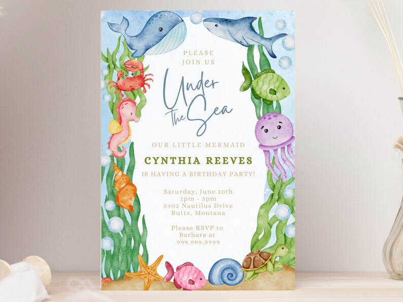 Editable Under the Sea Birthday Invitation Template, Printable Watercolor Under the Sea Invite ...