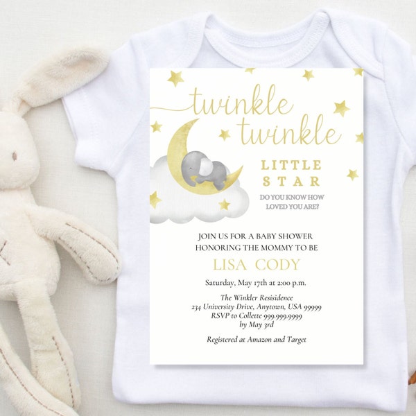 Twinkle Twinkle Little Star Elephant Baby Shower Invitation, Gender Neutral Baby Sprinkle Invite, Boy or Girl Baby Editable Invite Template