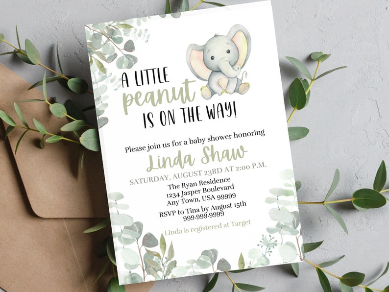 Editable A Little Peanut Baby Shower Invitation, Printable Elephant