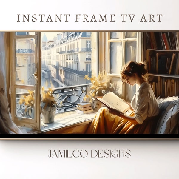 FRAME TV Art, Woman Reading By Window, Samsung Frame Tv Art, Bookish, Vintage Painting Style, Paris Cozy Bedroom Neutral, Digital Download