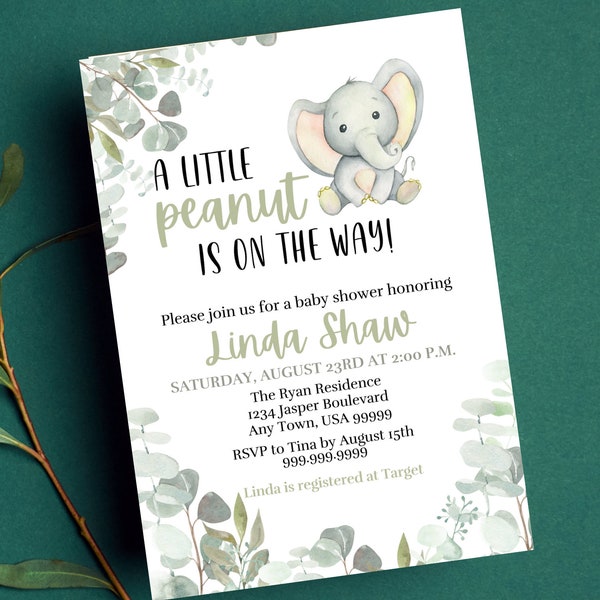 Editable A Little Peanut Baby Shower Invitation, Printable Elephant Invitation, Instant Download, Little Peanut Elephant Baby Shower Invite