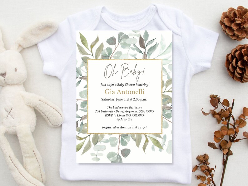 EDITABLE Oh Baby Greenery Baby Shower Invitation. Green Gold Watercolor
