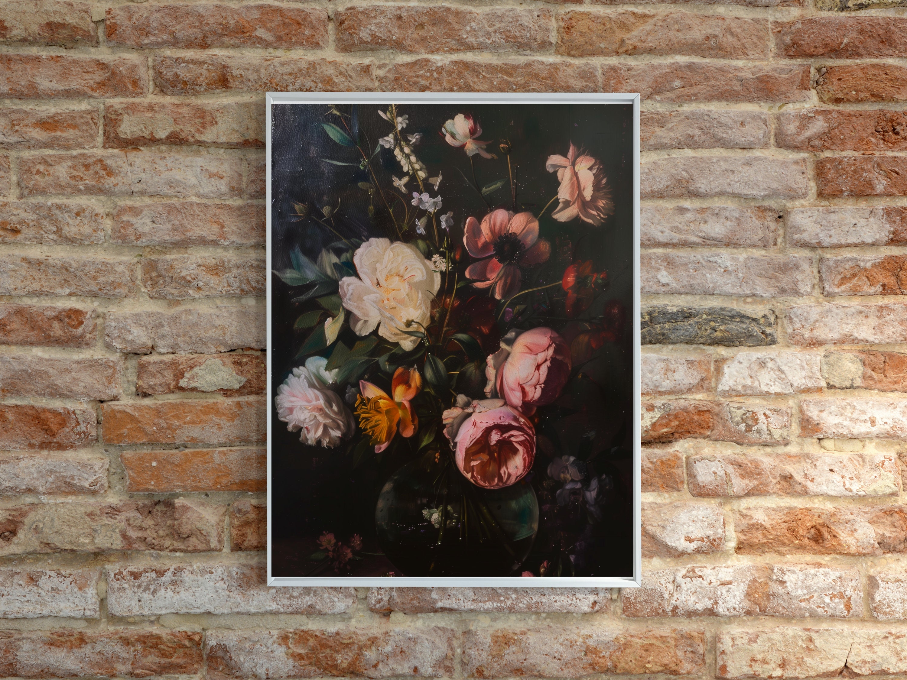 Moody Vintage Flower Print, Dark Floral Still Life Oil Painting ...