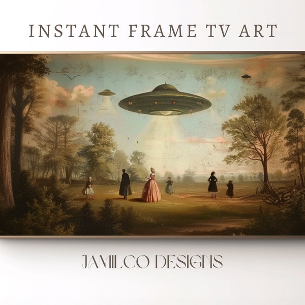 FRAME TV Art, Victorian Landscape Funny Altered Art Print, UFO Printable, Eclectic, Alien Abduction, Banksy Art, Digital Download