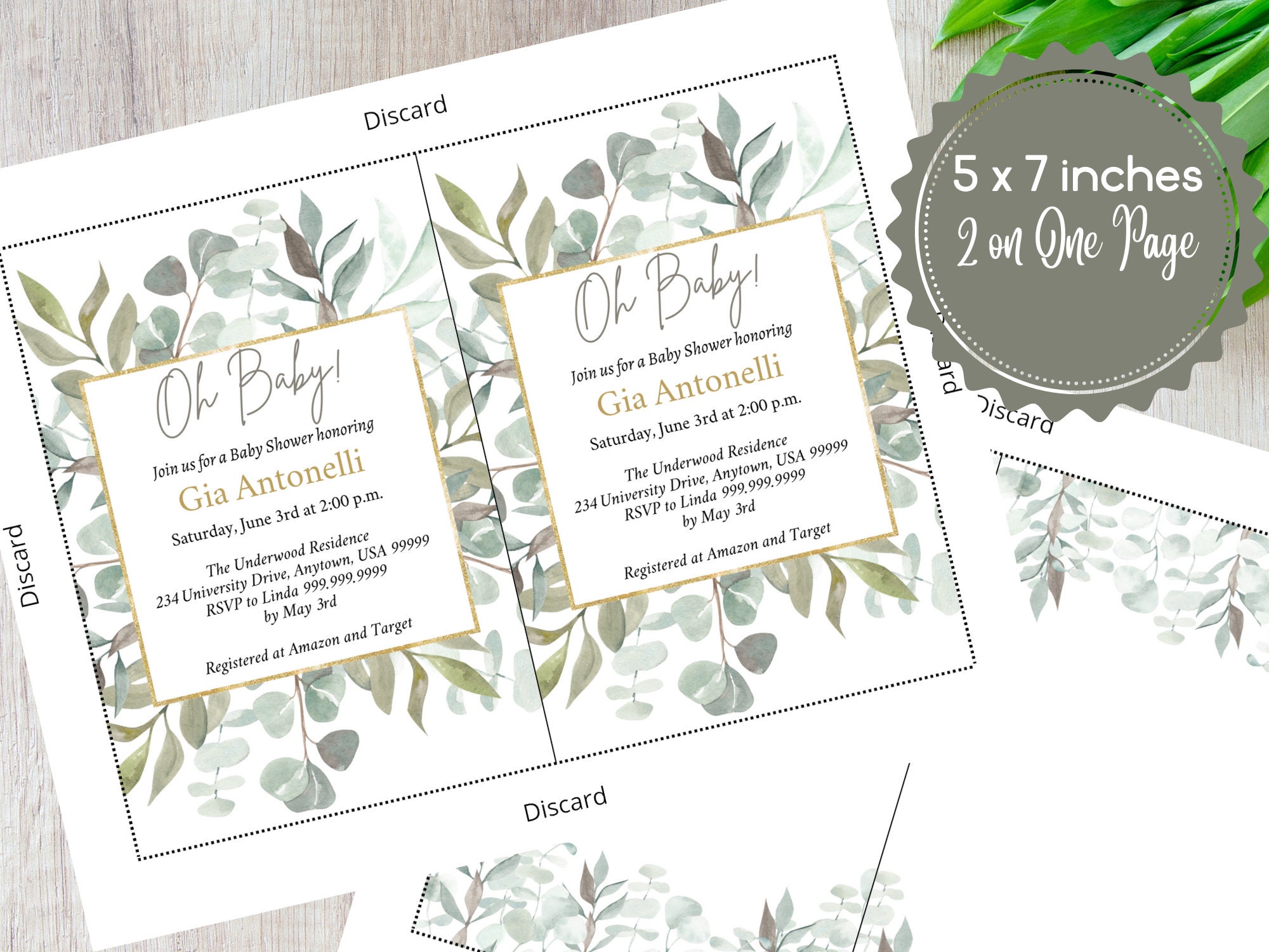 EDITABLE Oh Baby Greenery Baby Shower Invitation. Green Gold Watercolor ...