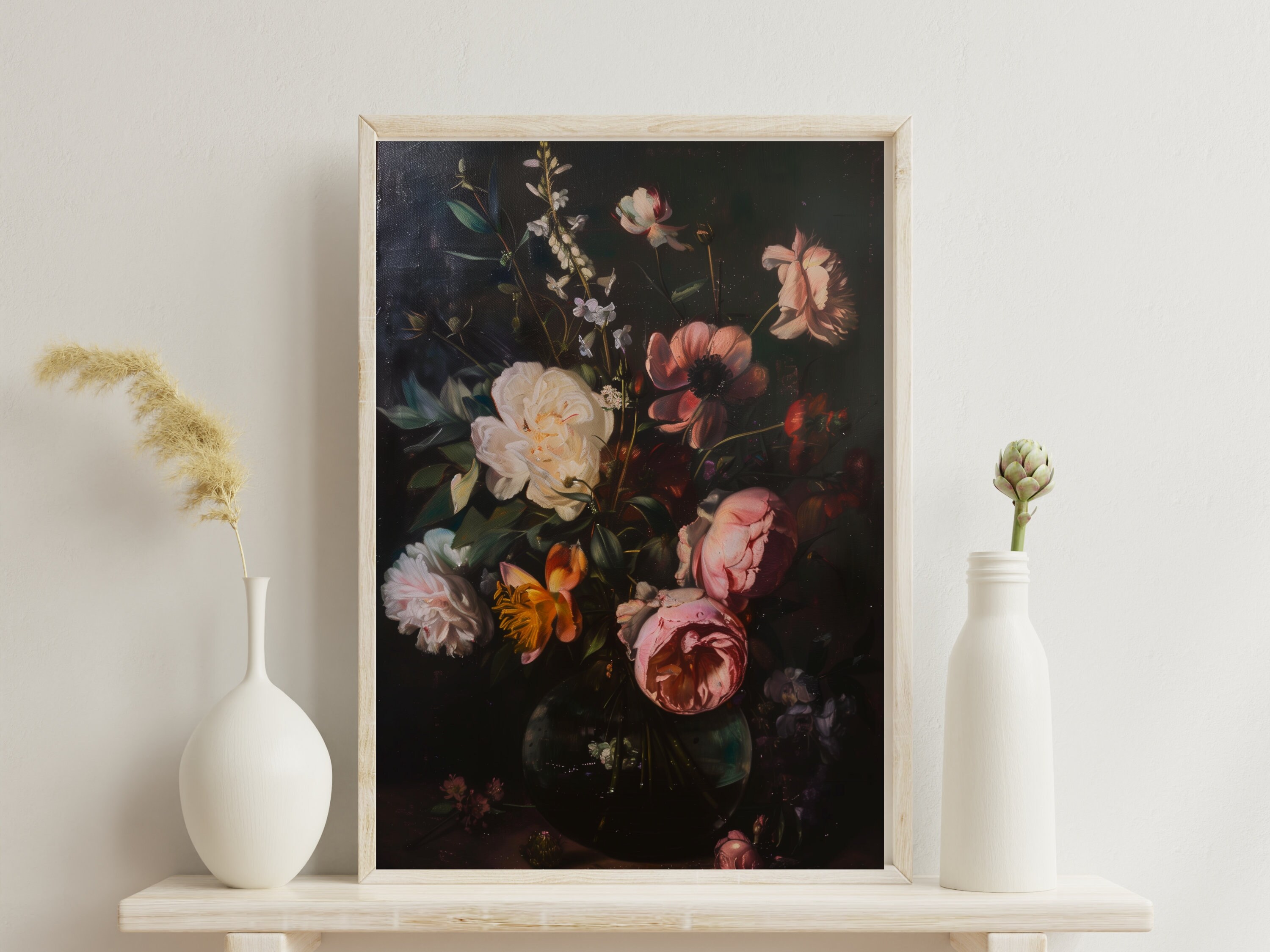 Moody Vintage Flower Print, Dark Floral Still Life Oil Painting ...