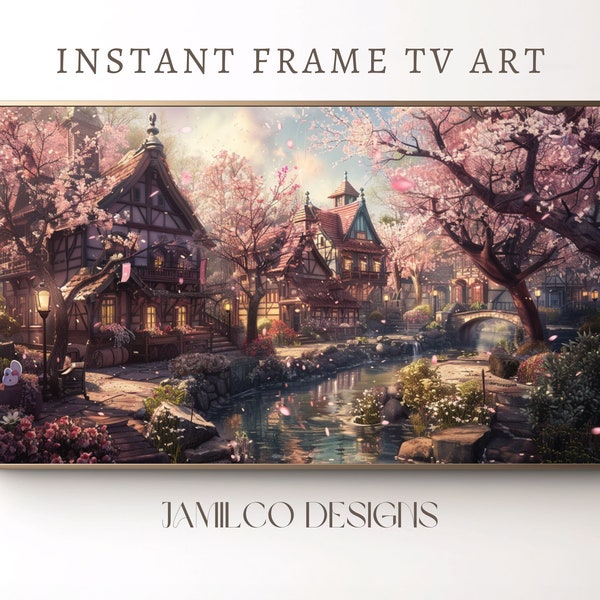 Samsung Frame TV Art, Easter Village Watercolor Digital Download, Thomas Kinkade Inspired, Cherry Blossom Town, Instant PNG