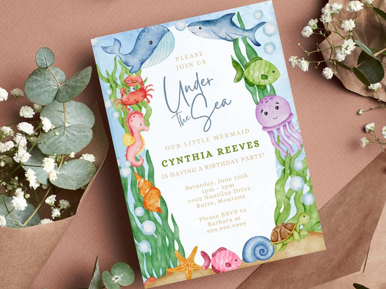 Editable Under the Sea Birthday Invitation Template, Printable Watercolor Under the Sea Invite ...