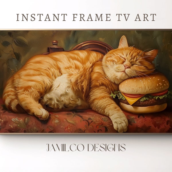 FRAME TV Art, Fat Cat with Hamburger, Vintage Painting, Altered Art, Funny Cat, Cat Lover, Eclectic Art, Digital Download