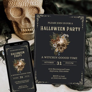 Gothic Vintage Skull Gold Halloween Invitation-Printable & Editable | Elegant Black Gold Party Invite with Flower