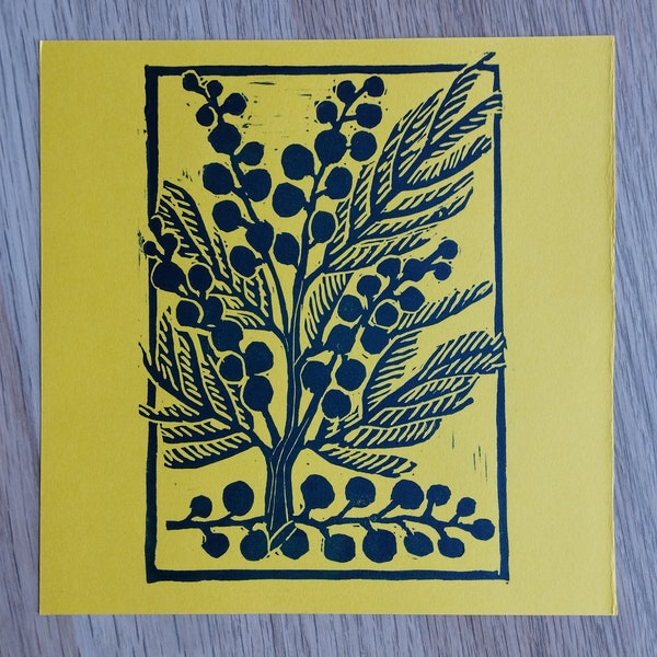 Linogravure mimosa , mimosa, gravure mimosa, impression en relief manuelle, gravure numérotée, titrée, signée, art floral, format16 x 16 cm