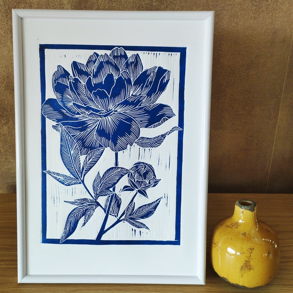 Linogravure Pivoines/art floral/gravure pivoine/décoration murale originale/estampe originale limitée/ estampe/A4/impression bleu/fait main