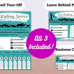 Dog Walking Business Digital Download Package - Retail Tear-Off, Post Card/Magnet, Business Card - Dog Walking Advertising - TEAL